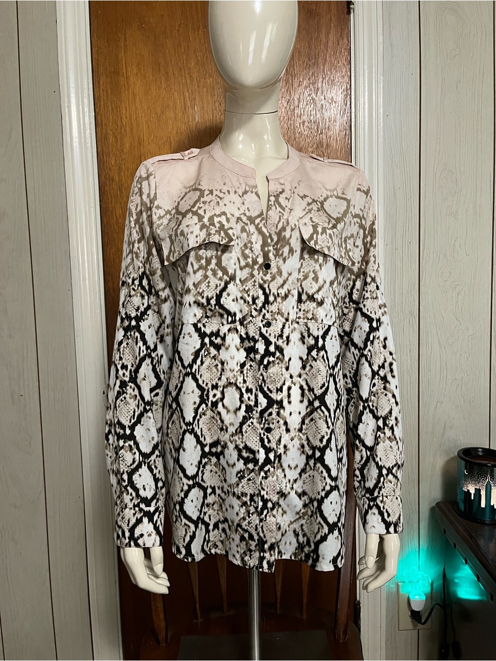 Calvin Klein Snake-Print Button-Front Blush, White & Black Top